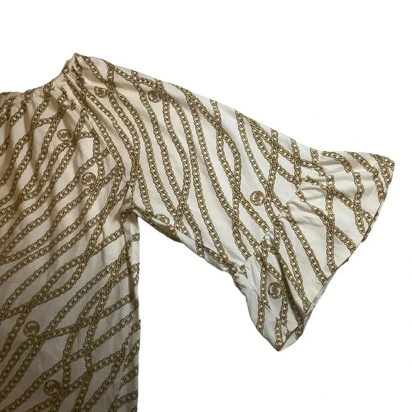 MICHEAL KORS CREAM & BROWN CHAIN DESIGN 3/4 LENGTH RUFFLE SLEEVE TOP/ Size 2X - Picture 4 of 8